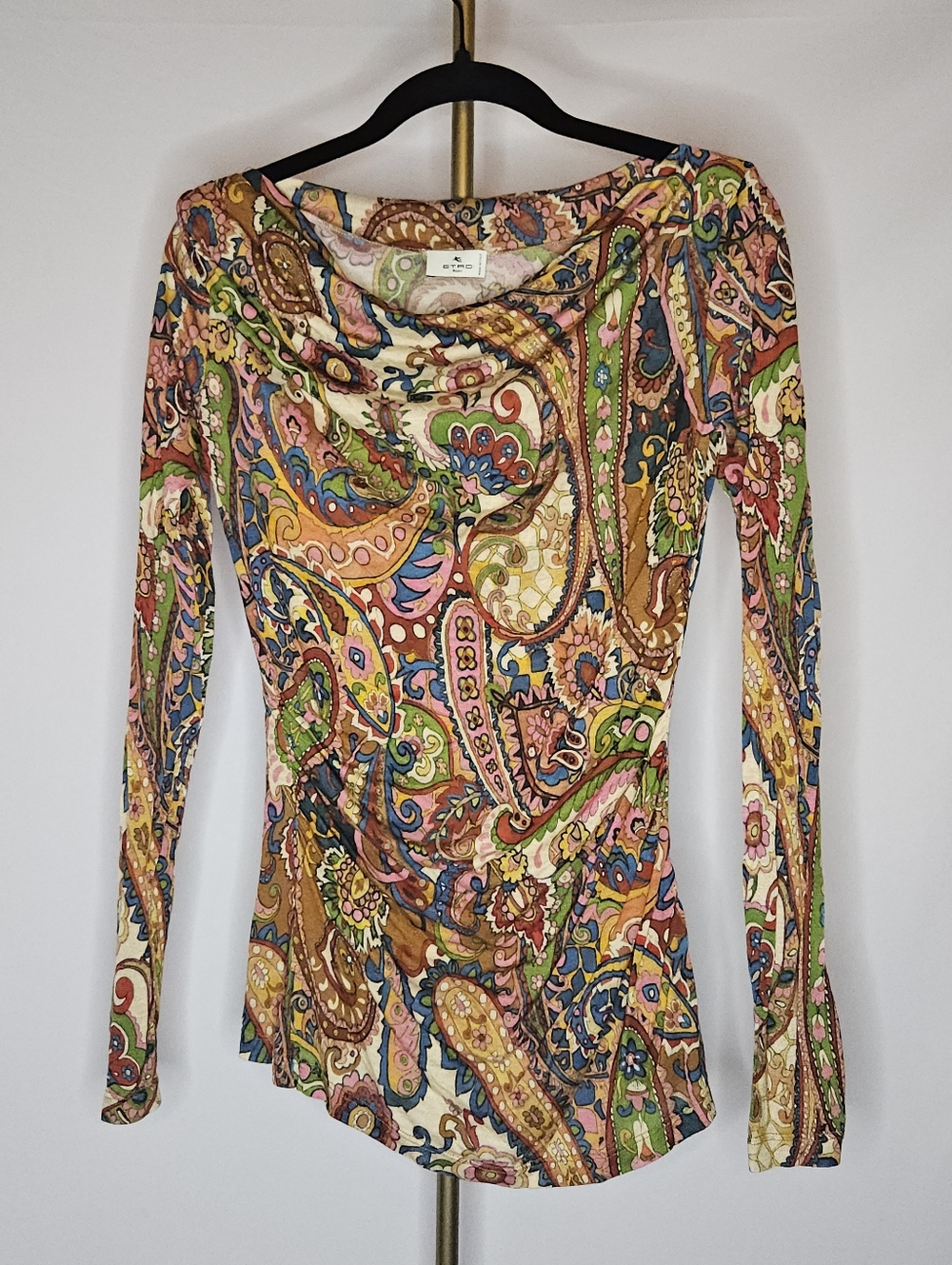 Etro Italy Multi-Color Paisley Long Sleeve Draped Jersey Top